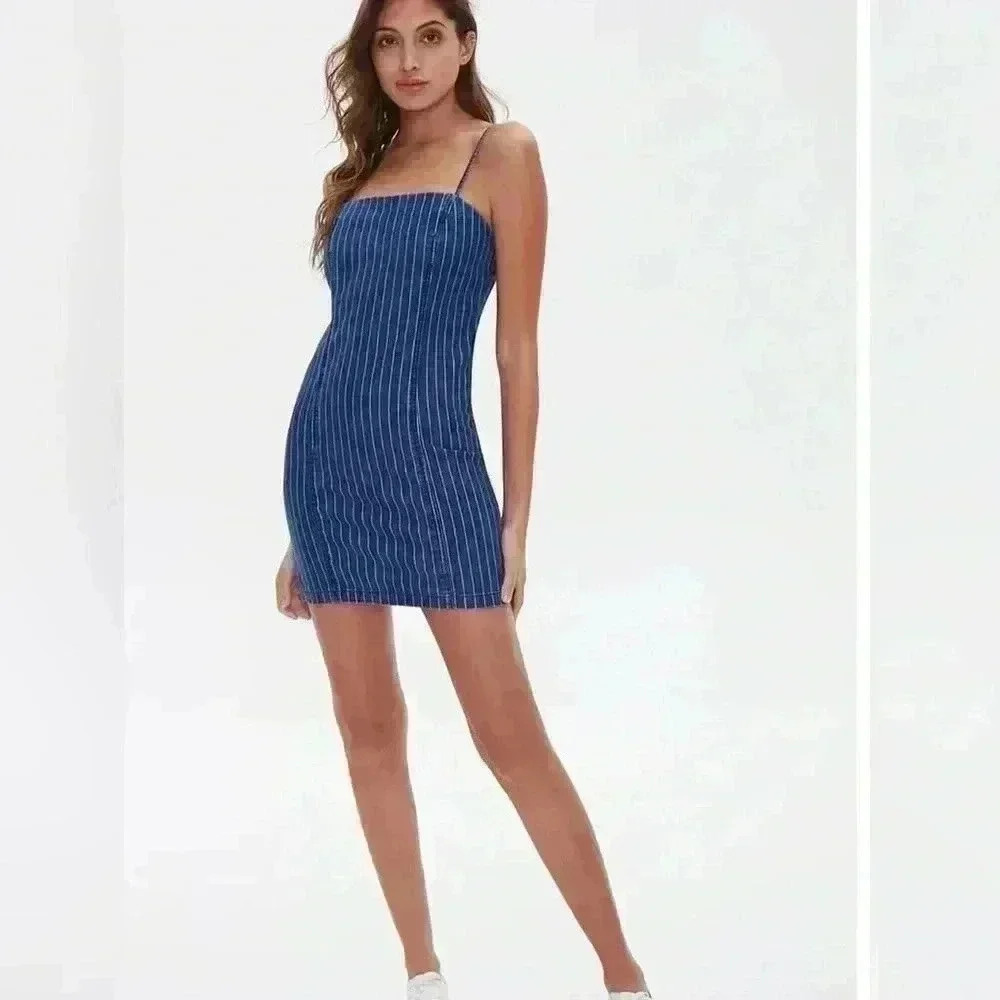 FOREVER 21 Blue White Stripe Square Neck Spaghetti Strap Mini Dress Women sz S